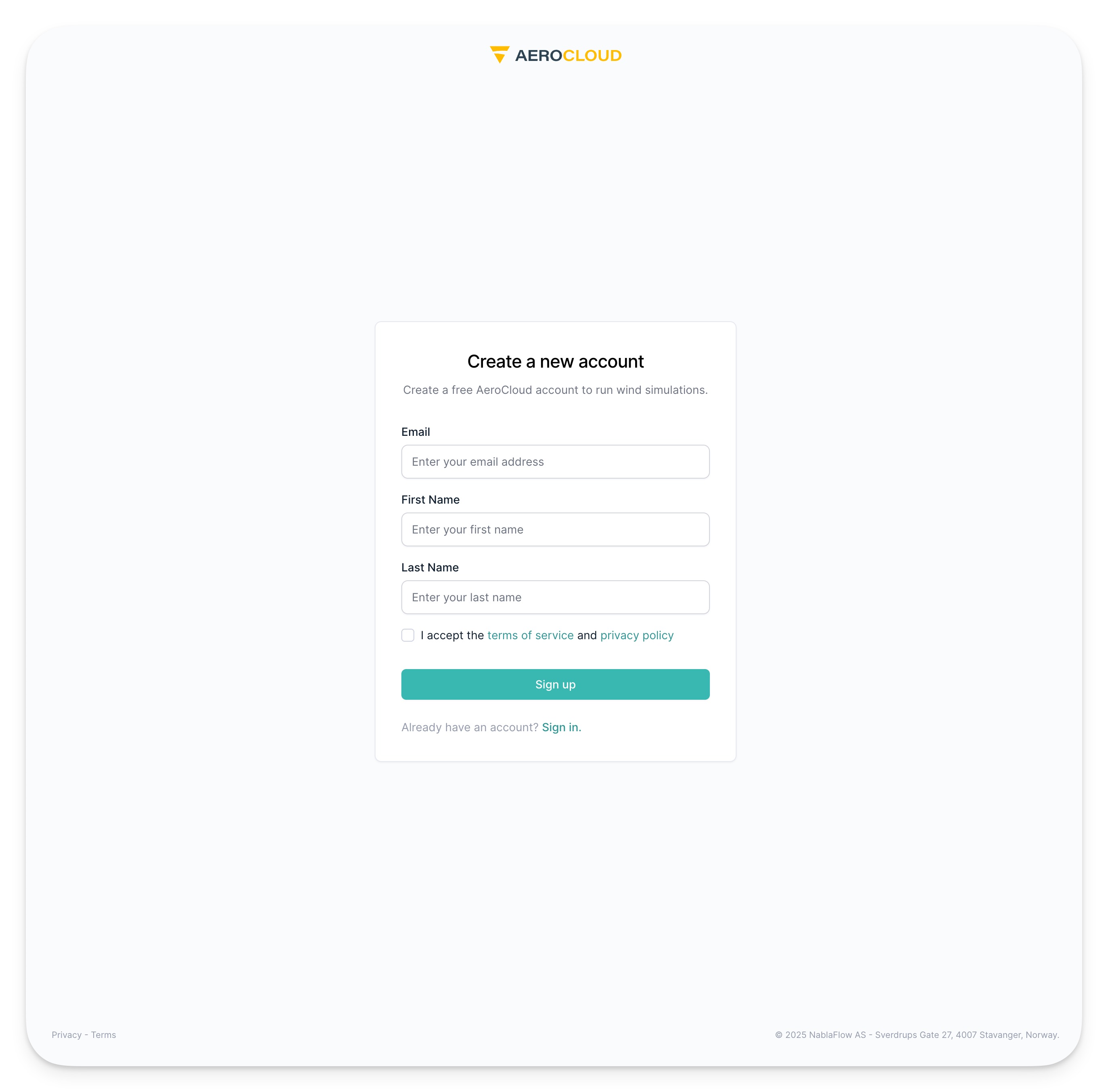 AeroCloud signup page