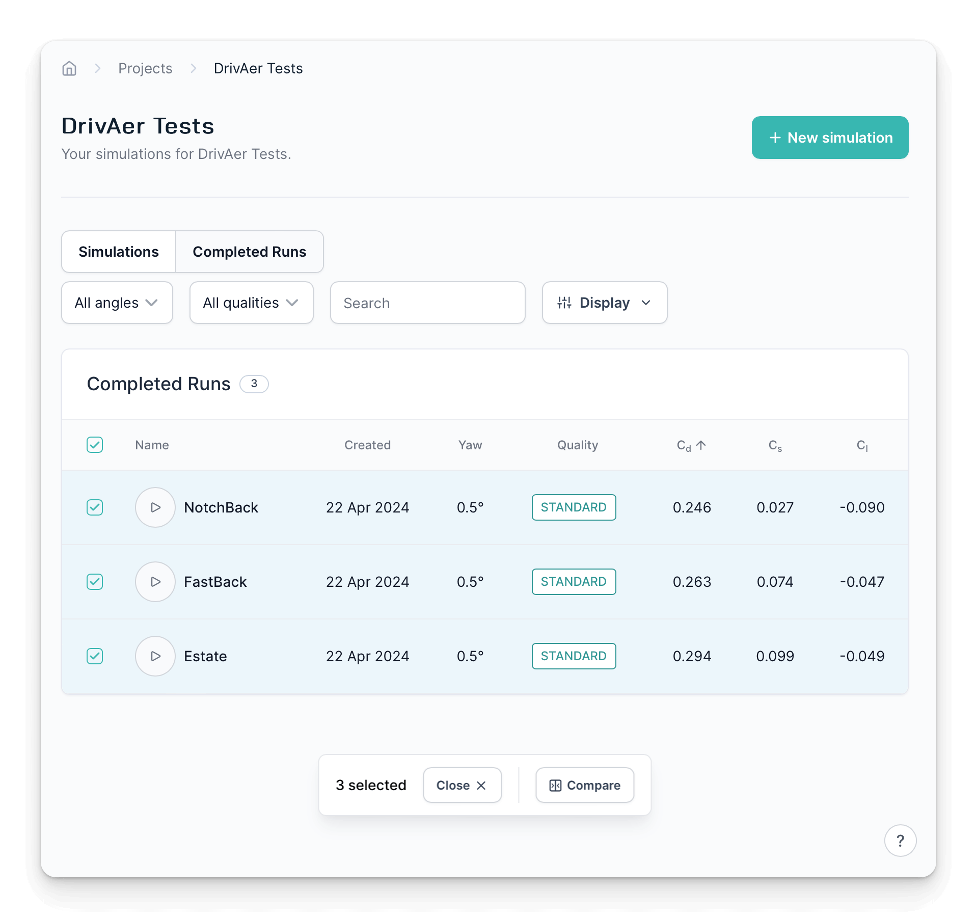 Selecting runs for comparison