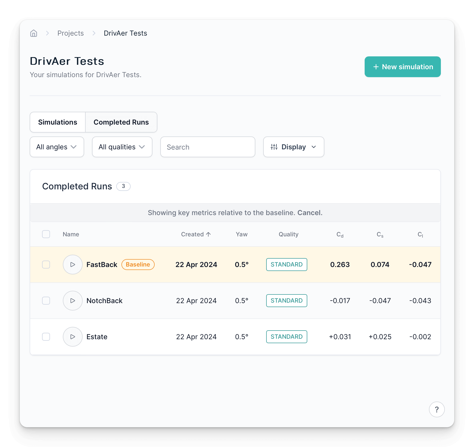 Completed runs with baseline set