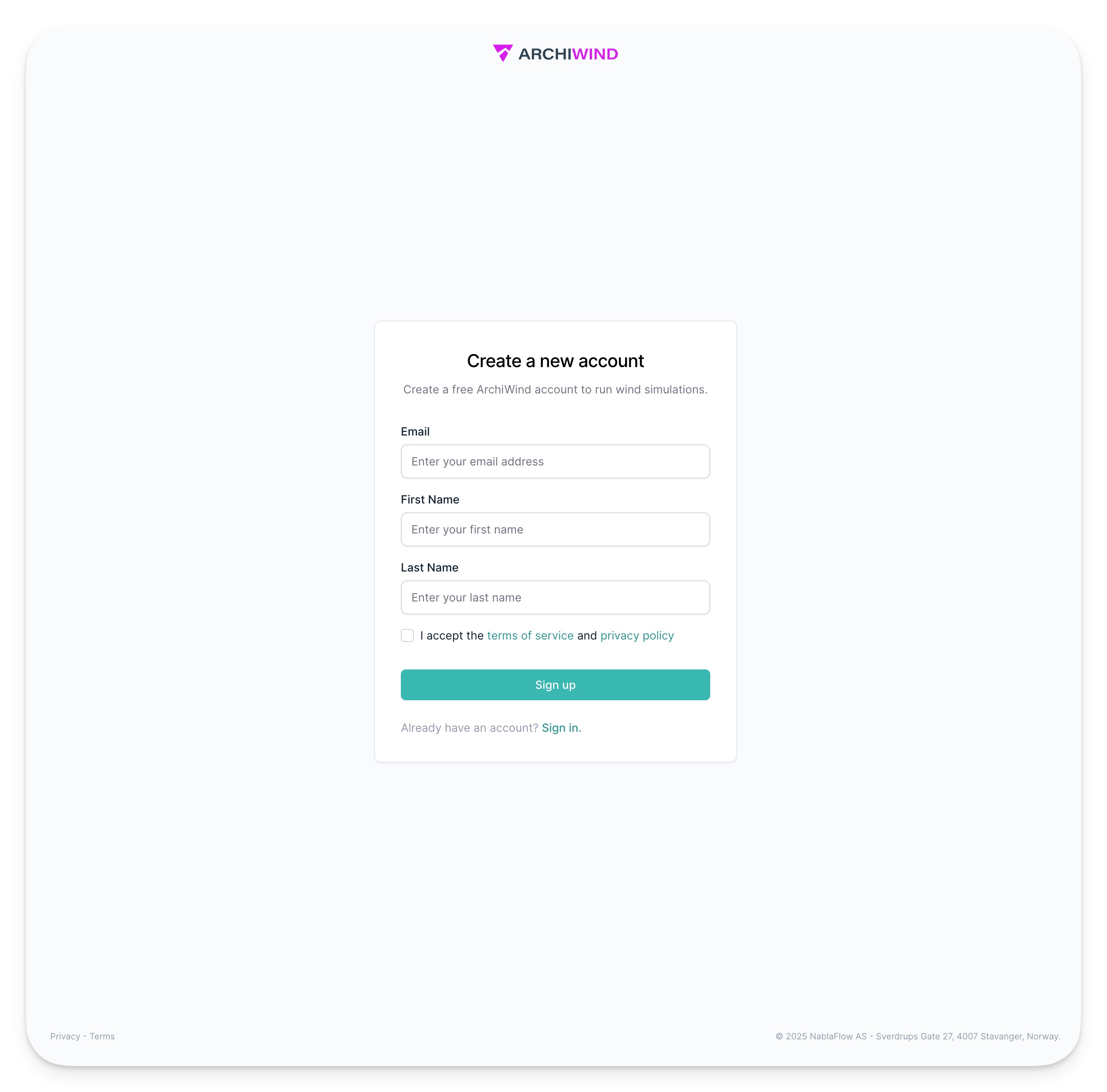 ArchiWind signup page